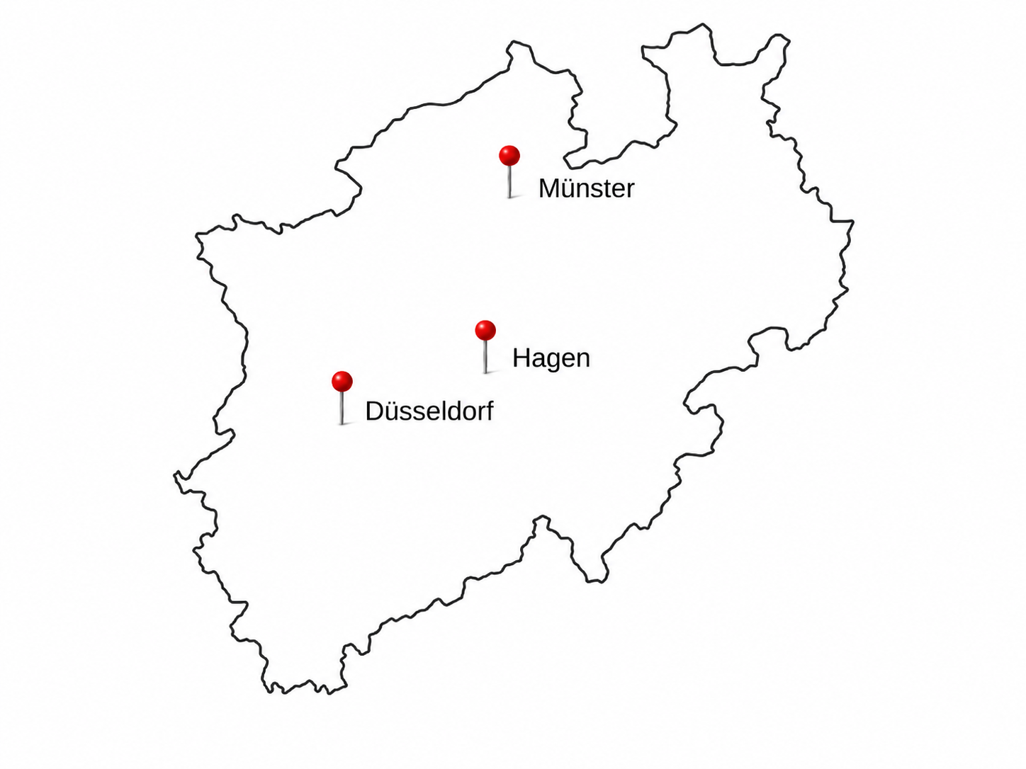 Karte von Nordrhein-Westfalen mit den drei Standorten von [momentum:bau]: Münster, Düsseldorf und Hagen